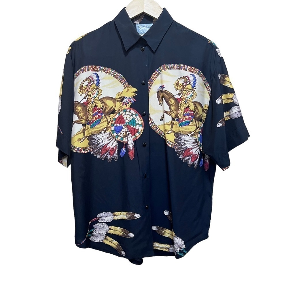 Vintage Como Studio Native American Graphic Black Button Down Shirt Size 8